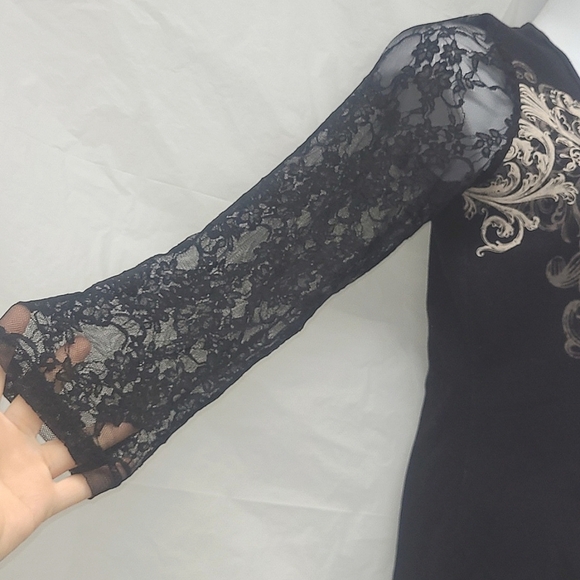 Vintage Y2K Black Gold Lace Beaded Scroll Cross Top Long Sleeve Glam Gothic - Picture 5 of 13
